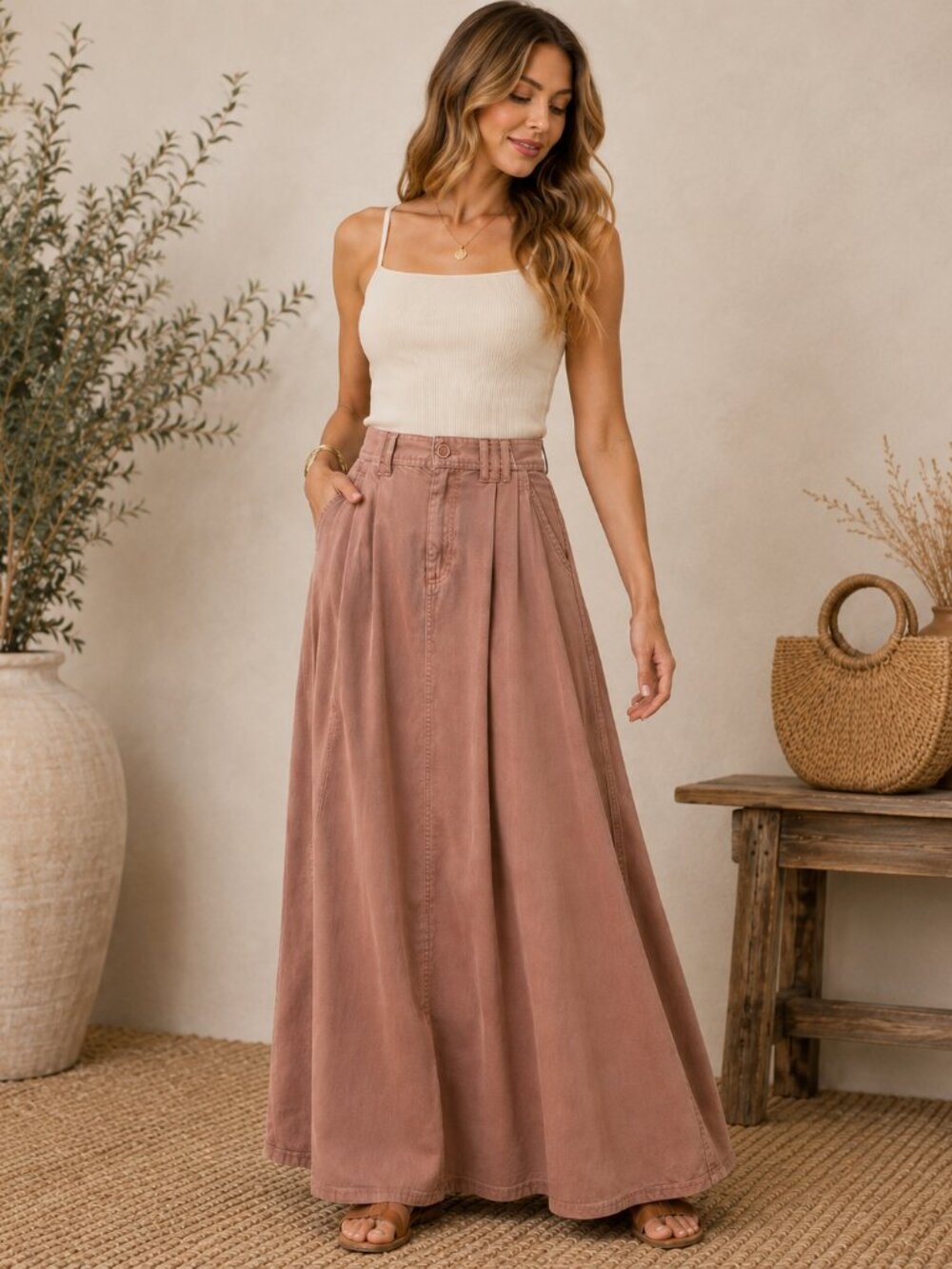 RISEN Mauve Denim Maxi Skirt L High Rise Pleated A Line Modest Boho NWT 1448